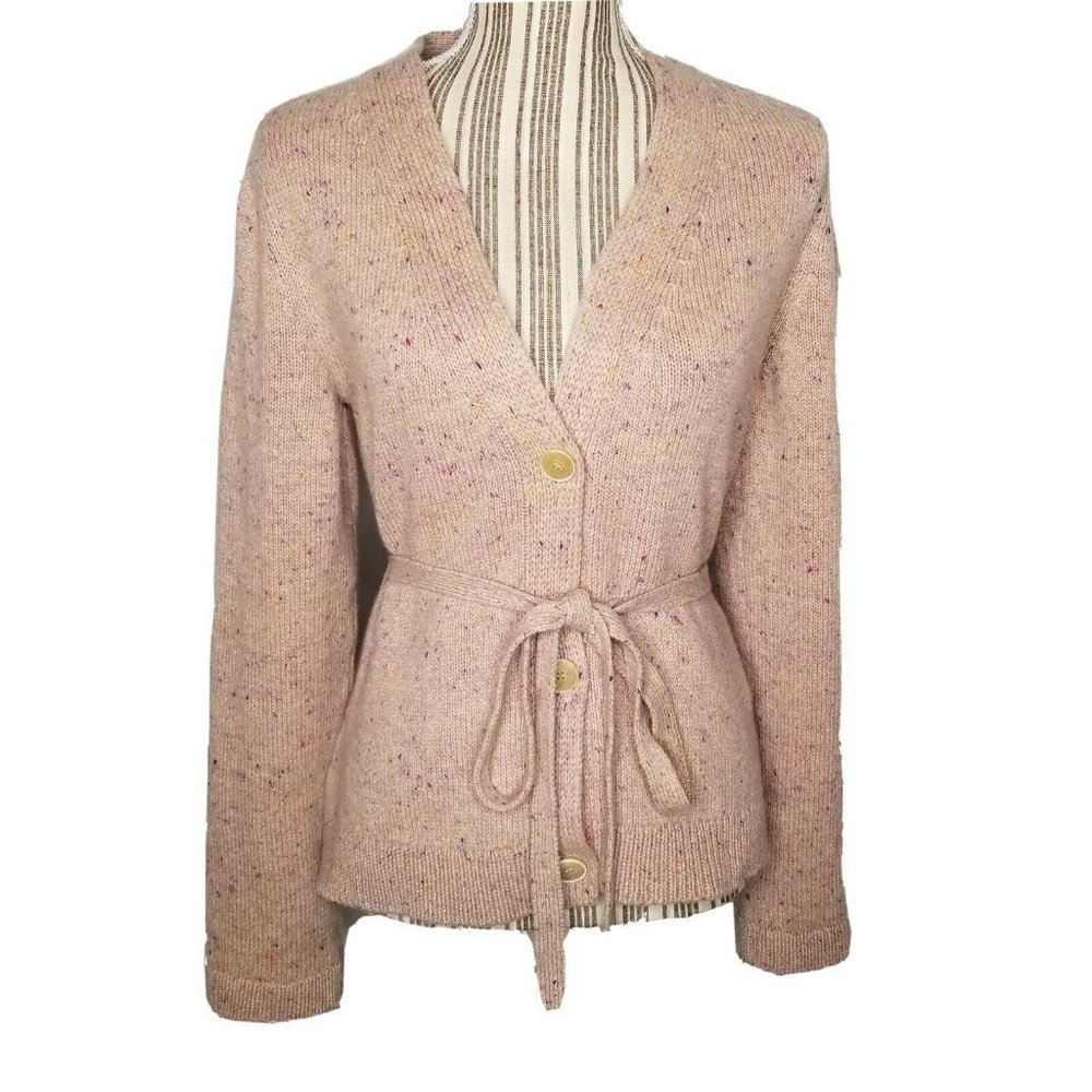 brock collection 100% cashmere cardigan belted sweater pink ecru size large